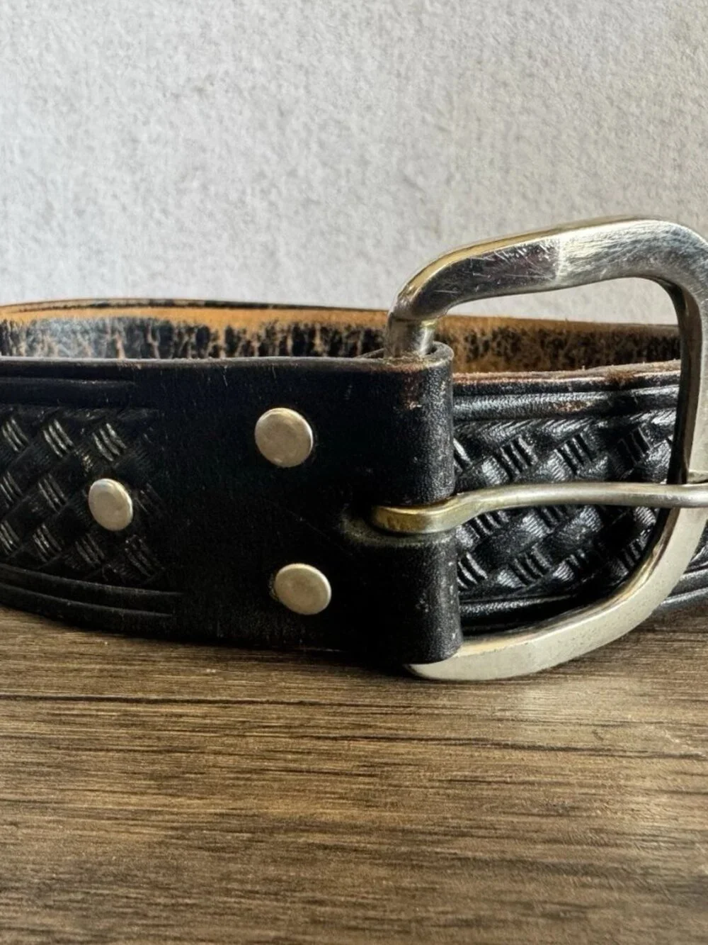 Distressed Black Leather Basketweave Belt Western 38
